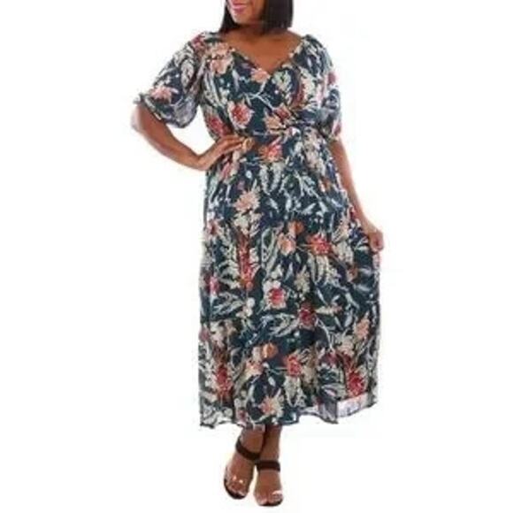 June & Hudson 1X Floral Chiffon Midi Dress | Puff Sleeve | Boho Summer Trendy - Picture 1 of 11